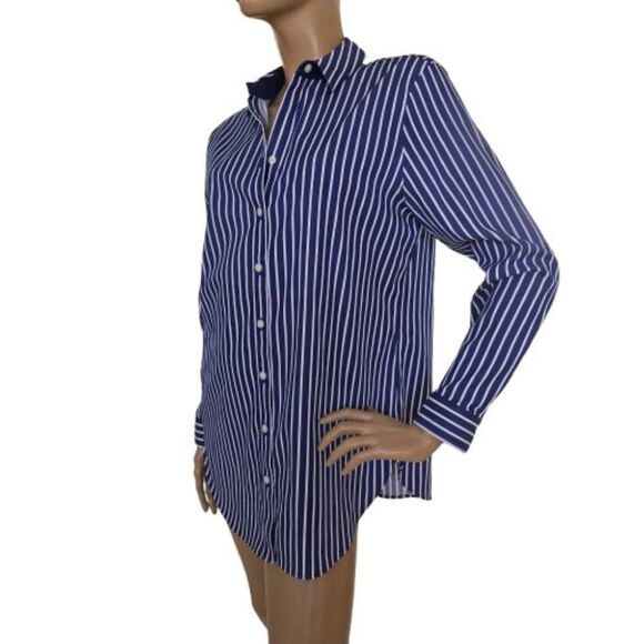 Chicos Button Down Shirt Blue White Stripe Stretch Sz 8 Non Iron Chicos Size 1 - Picture 1 of 9